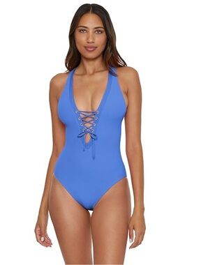 NWT Becca by Rebecca Virtue Gia One Piece Swimsuit Blue Ribbed Lace Up Medium